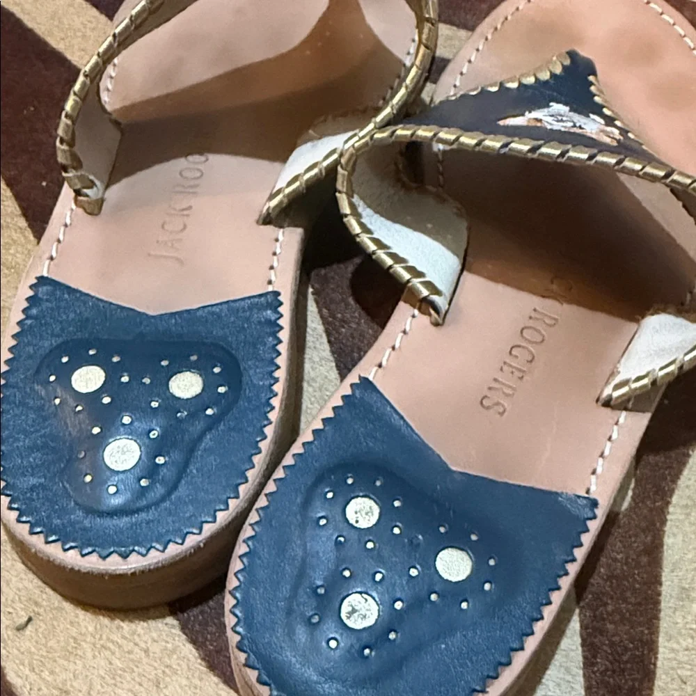Jack Rogers Navy Leather Corgi Embroidered Dog Sandals